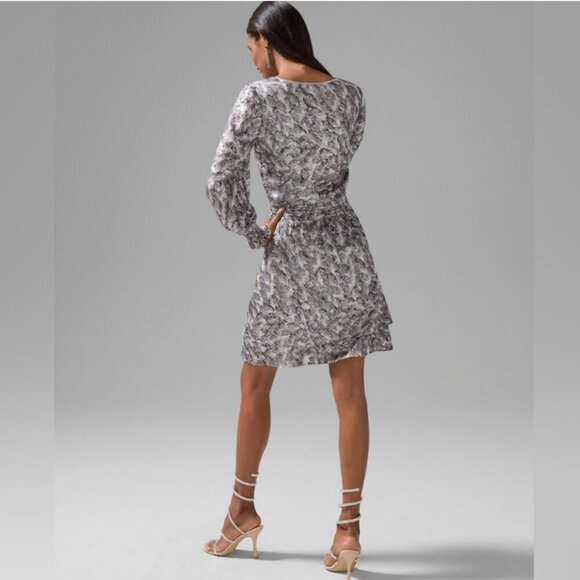 White House Silver Metallic Long Sleeve Petite Smocked Blouson Mini Dress XXS - Picture 3 of 14